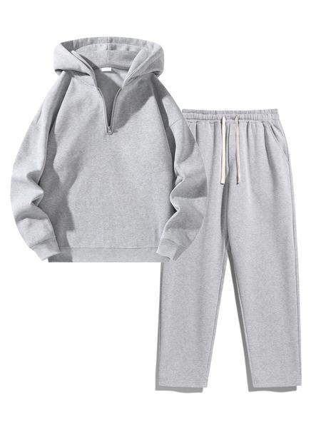 Men'S Plain Drop Shoulder Sweatsuit Set, Casual Half Zip Hoodie & Drawstring Sweatpants With Pocket Men'S Plain Drop Shoulder Sweatsuit Set, Casual Half Zip Hoodie & Drawstring Sweatpants With Pocket