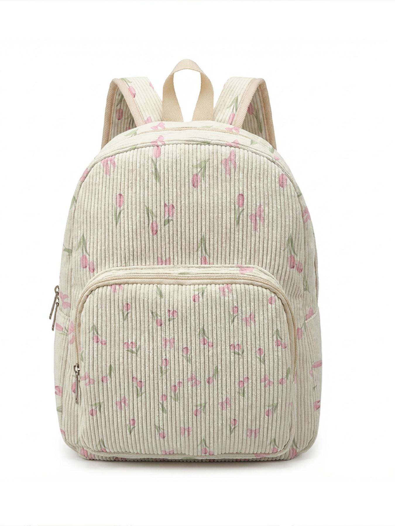 1 piece of 'Pink Tulip Pattern' 2D printed ladies' backpack, corduroy texture + layered storage + light weight reduction | Perfect for students to go to class/shopping/short trips | Combines atmosphere with practicality