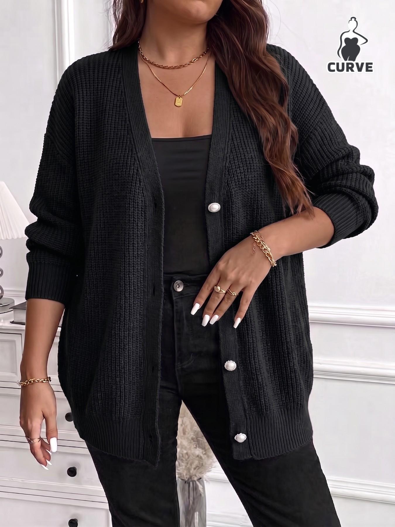 Plus Size Women Button Front Long Sleeve Knit Cardigan, Figure-Flattering Casual Knit Outerwear for Spring & Fall, Soft Cozy Sweater for Commute & Loungewear, Suitable for Daily Dates, Vacations, Gatherings, Holiday Outfits, Knitwear