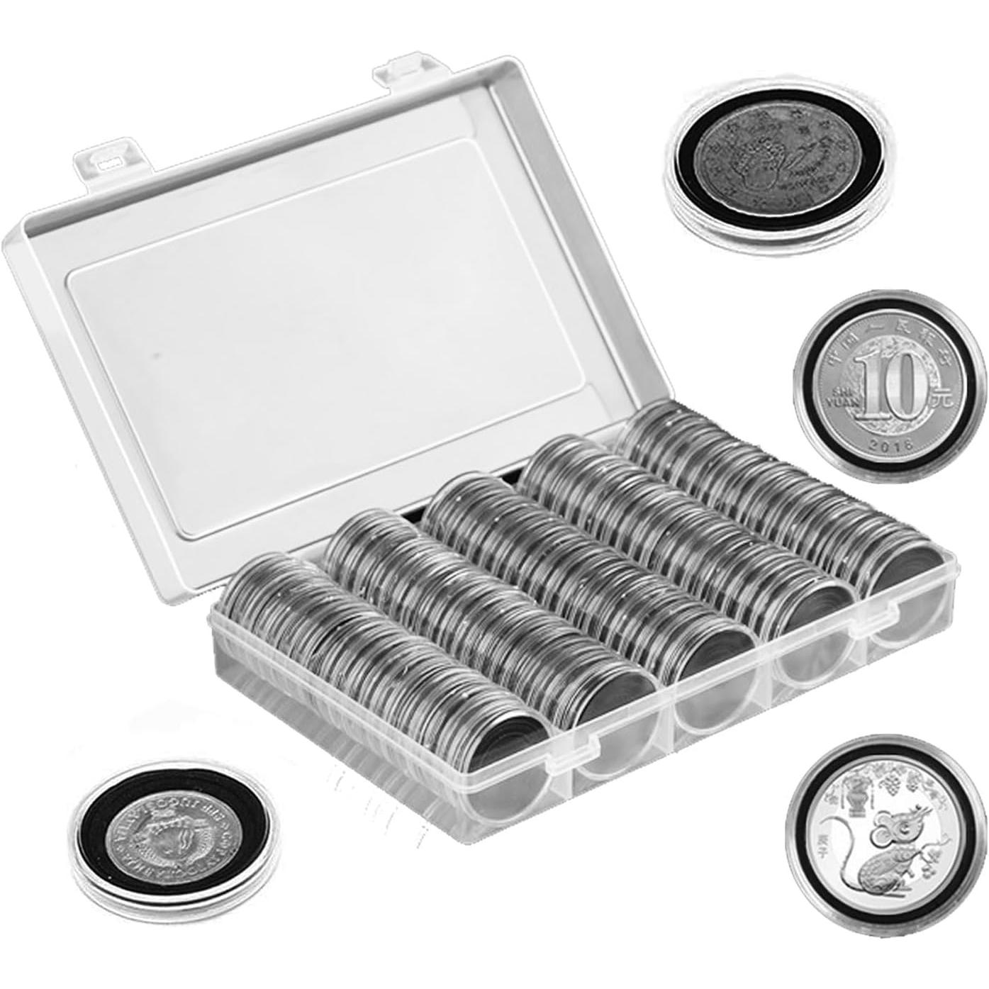 100 Pack  Capsules with Storage Box & 5-Size  Gaskets, Round  Holder Case for Quarters Nickels Pennies Dimes Small Dollars,  Collection Supplies (Max 30mm)