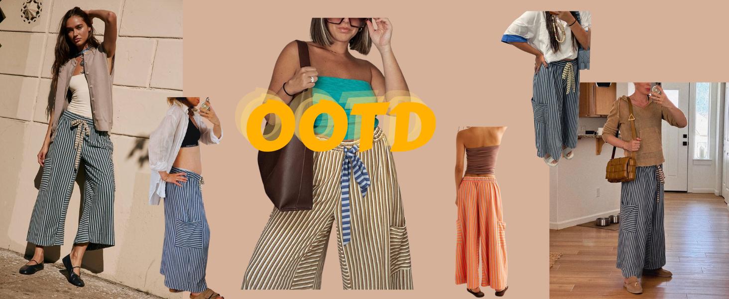 YeoKou Women  Drawstring Striped Pants Loose Wide Leg Lounge Pants Casual Palazzo Pants Trousers with Pockets Bottom Oversize