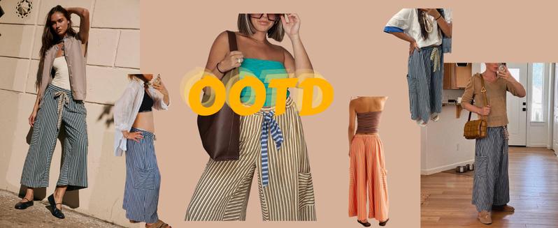 YeoKou Women  Drawstring Striped Pants Loose Wide Leg Lounge Pants Casual Palazzo Pants Trousers with Pockets Bottom Oversize