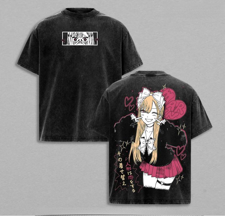 Marin Kitagawa My Dress Up Darling Anime T-Shirt, Waifu Graphic Vintage Washed Tee, Kawaii Cosplay Girl Oversized Streetwear, Soft Cotton Casual Top for Anime Fans