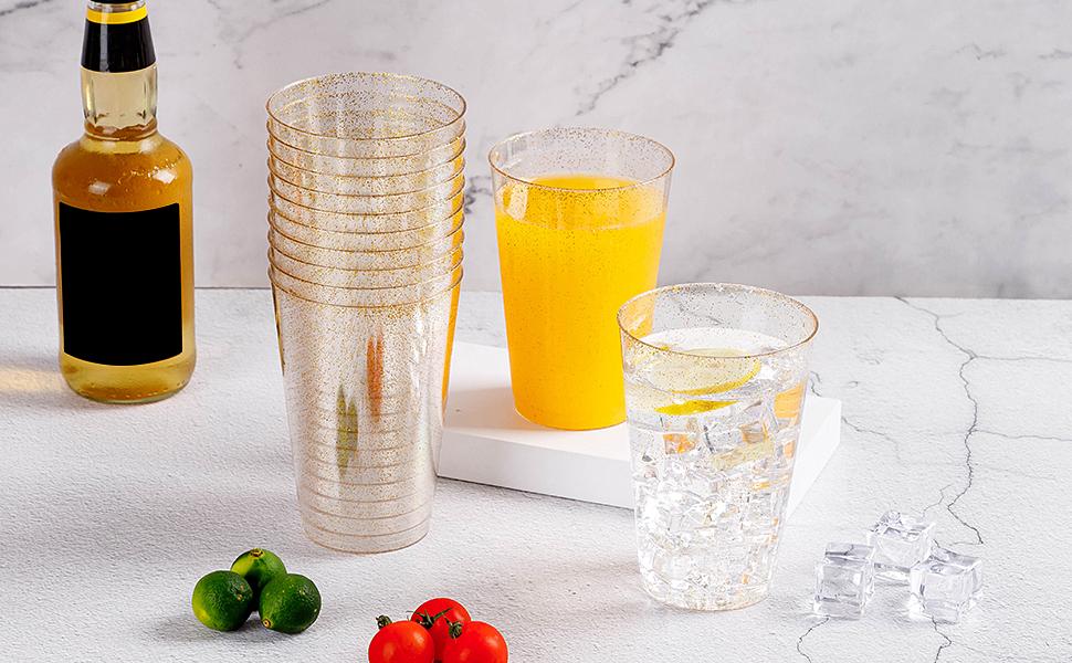 GOODLUCK 100PCS 14oz Glitter Plastic Cups for Party Disposable Gold Plastic Cups Crystal Clear Cocktail Glasses Perfect for Wedding Birthday Events and Parties