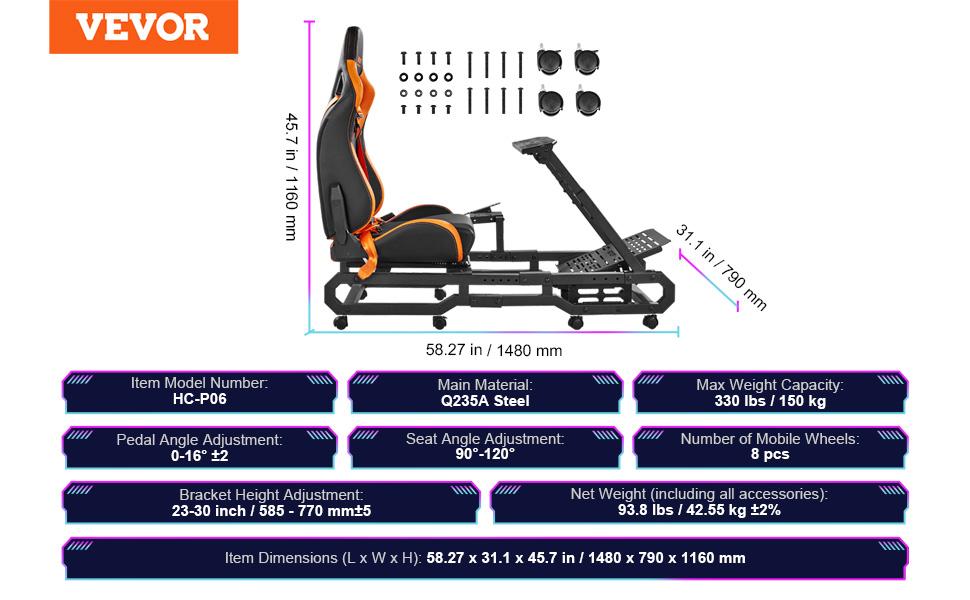 VEVOR Racing Wheel Stand with Wheels For Logitech G923/G920/G29, Heavy Duty Steel Driving Simulator Cockpit-Thrustmaster T248P, Steering Wheel Bracket Foot Pedal Adjustable, Max Load 330 LBS