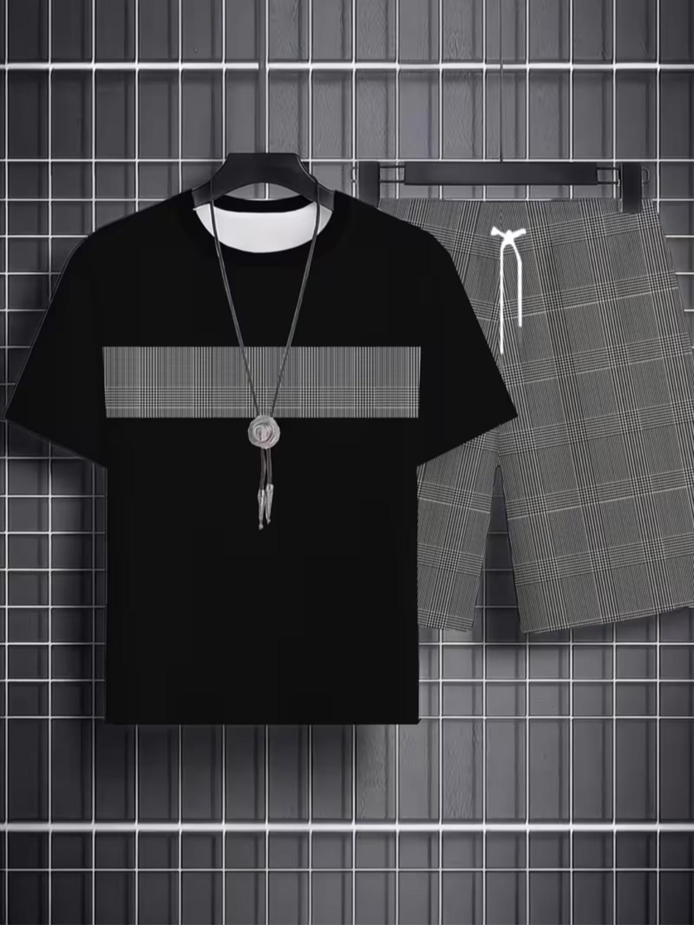 Men's Large Size Casual Athleisure Street Fit Sportswear Set, Plaid T-Shirt Top and Shorts 2-Piece Set, Perfect for Travel, Loose-Fit, All Seasons