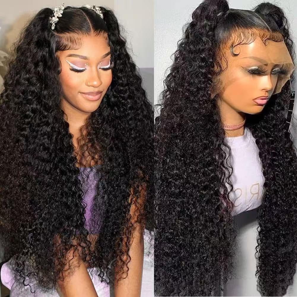 Bling Hair Fashion 34 Inch Kinky Curly 13x4 Lace Front Wigs Human Hair Pre Plucked Wet And Wavy 13x4 Hd Lace Frontal Wig Human Hair 180 Density For Women Bouncy Soft Deep Curl Glueless Tangle Free Natural Hairline