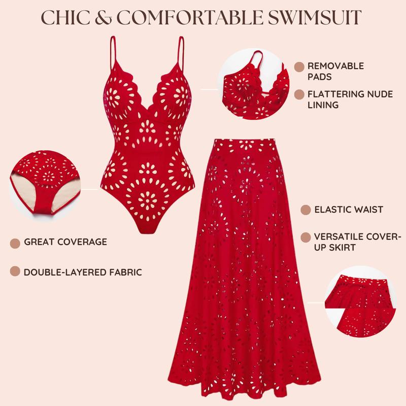 FLAXMAKER Women's Laser Cut Mesh One-Piece Swimsuit & Matching Cover Skirt Set Quick Drying Sheen Removable Pads Cold Washable Beachwear Stretchy Swimwear Stylish Bathing Suit Beachwear