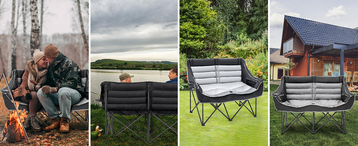 SLSY Oversized Double Camping Chair, Folding 2 Person Camping Chair Loveseat, Fully Padded Duo Chair Camping Couch, Fold Up Double Camp Chair, Lawn Chairs, Camping Bench with Carrying Bag