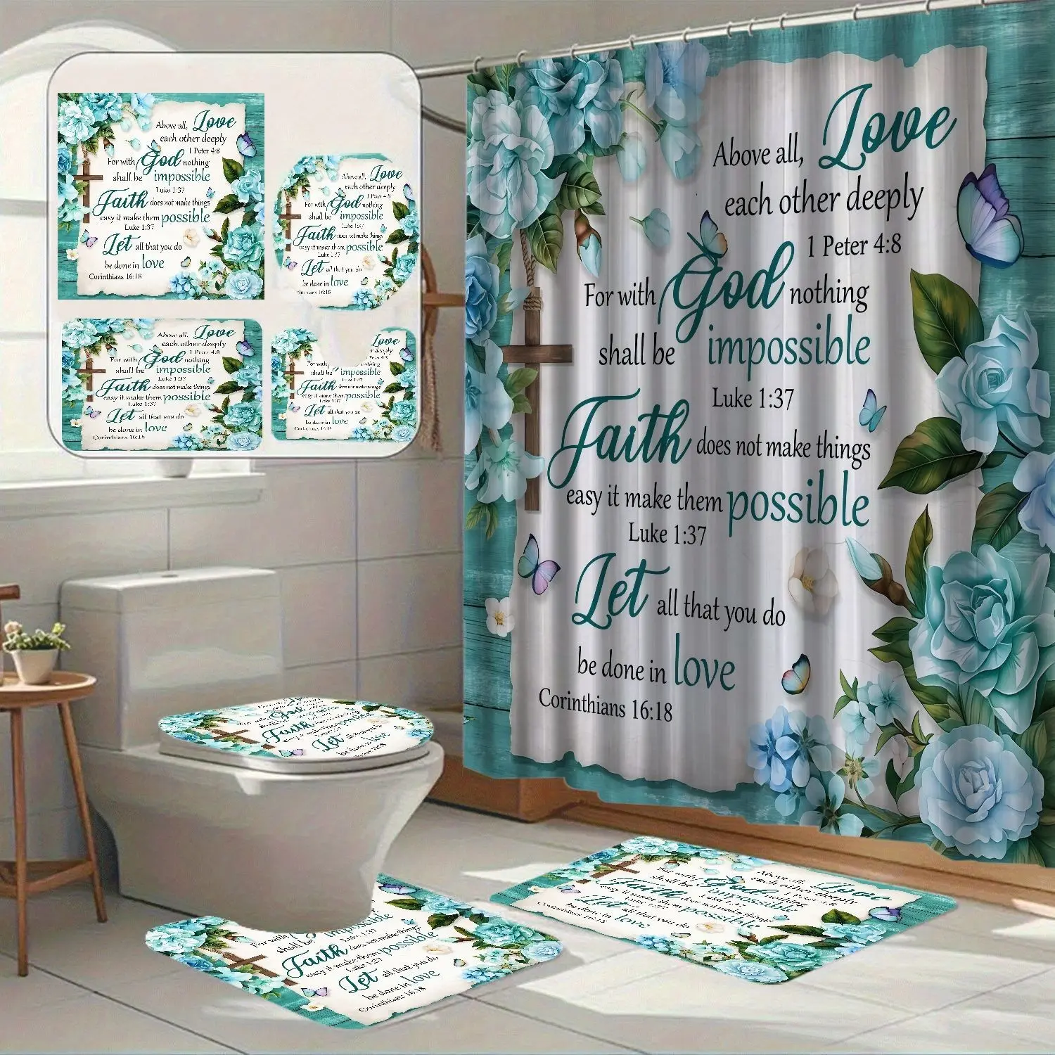 Blue Floral Bible Quote Print Shower Curtain Set, Waterproof Polyester Bathroom Decor, Elegant Fashion Shades, 1/4pcs Long Rectangle