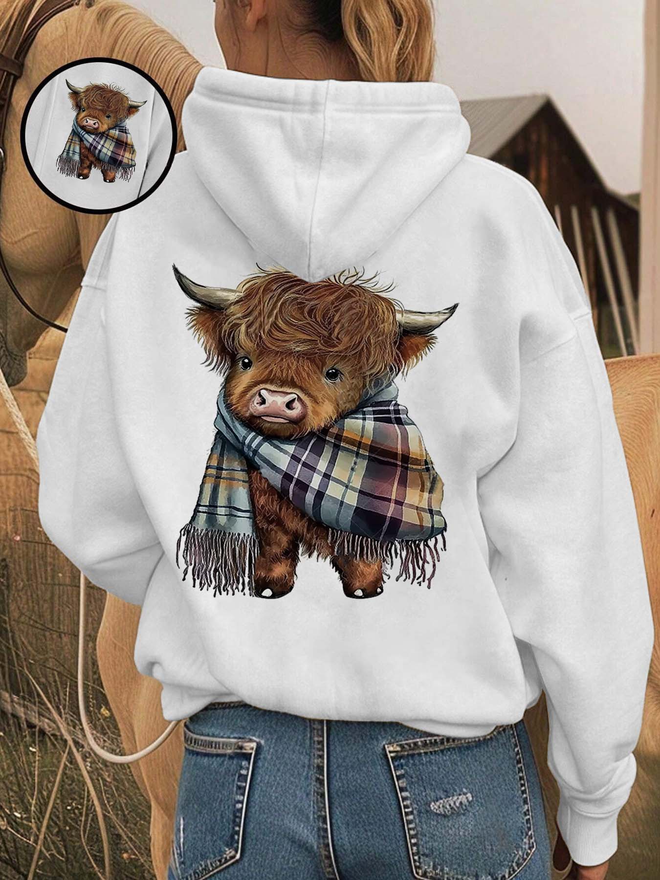 Cozy Fleece-Lined Printed Hooded Fitted Long Sleeves Sweatshirt, Funny Sweatshirt, Cute Highland Cow Animal Design, Unisex Casual Winter Fashion Womenswear with Soft Warm Plush Interior for Cold Weather Aesthetics, Casual Fitted Hoodie Cozy Fleece-Lined Printed Hooded Fitted Long Sleeves Sweatshirt, Funny Sweatshirt, Cute Highland Cow Animal Design, Unisex Casual Winter Fashion Womenswear with Soft Warm Plush Interior for Cold Weather Aesthetics, Casual Fitted Hoodie