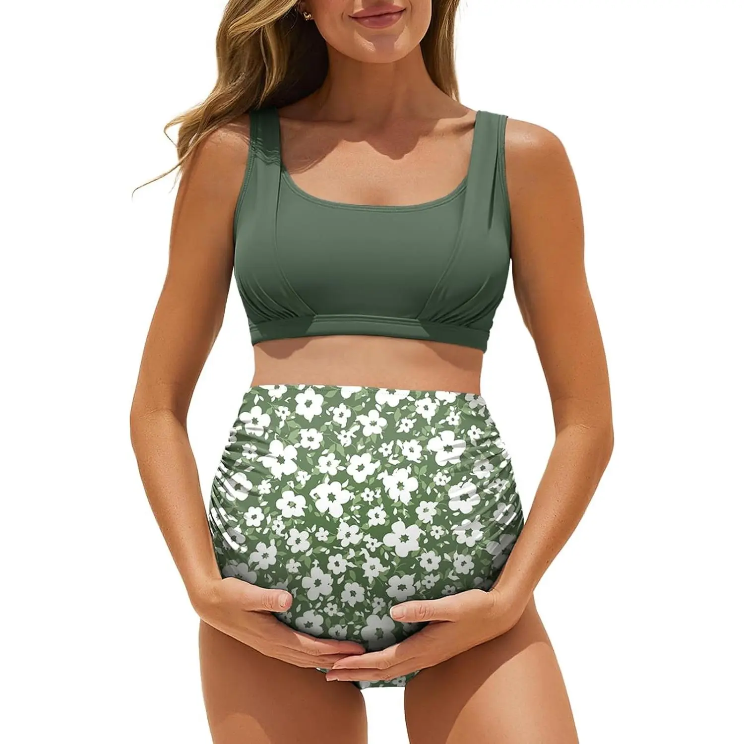 Maternity Bikini Swimsuit Wide Straps Two Piece Bathing Suit | Pregnancy swimwear,Scoop neck,Ruched high waisted bottom,Supportive adjustable shoulder straps,Beach,Pool party,Babymoon