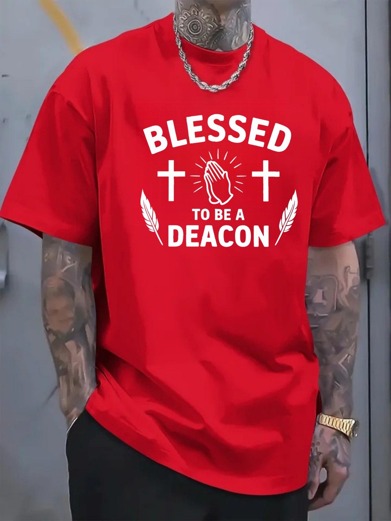 Men's T-shirt with printed cross and feather patterns for prayer, featuring the text "BLESSED TO BE A DEACON", designed for daily wear in church and religious activities