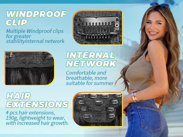 [ KooKaStyle ]Clip in Long Wavy Synthetic Hair Extension 20 Inch 4PCS Balayage Dark Brown to Chestnut Hairpieces Fiber Thick Double Weft Hair Extension for Women