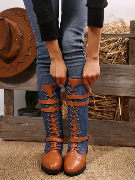 Women's Long Motorcycle Boots, Western Style Round Toe Thick Sole, Durable Comfortable Design, Perfect for Casual Wear