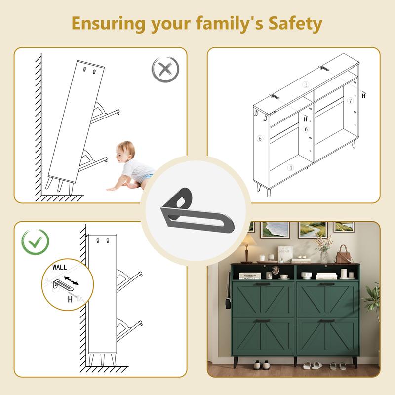 PieDle Furniture Shoe Storage Cabinet,Farmhouse Shoe Organizer with 2-4 Flip Drawers & Barn Door Design,Freestanding Hidden Slim Narrow Shoe Rack Cabinet with Open Storage for Entryway, Foyer,Hallway