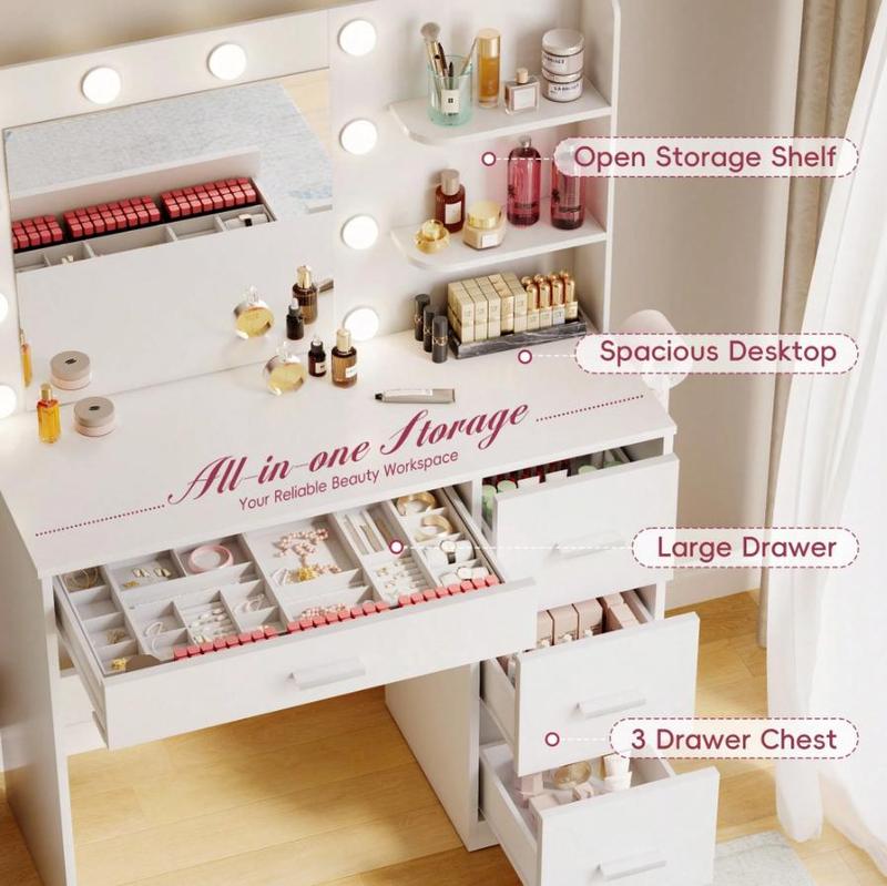 FURMAX Vanity Desk with Lights and Mirror Makeup Vanity Table Set with Drawer and Power Outlet