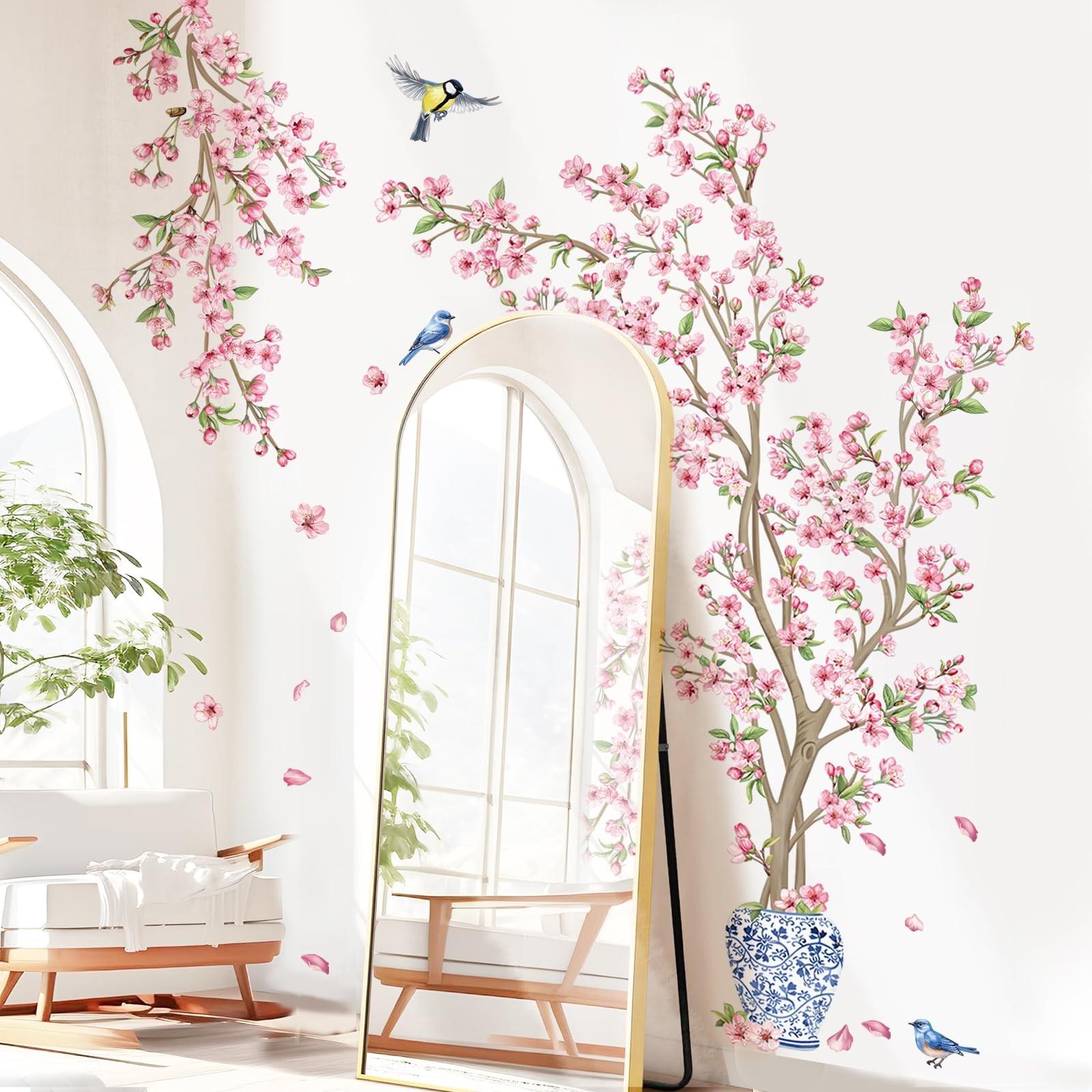 Cherry Tree Wall Sticker, Hanging Flower Branches, Bird Wall Sticker, Suitable for Living Room, Bedroom, TV Background