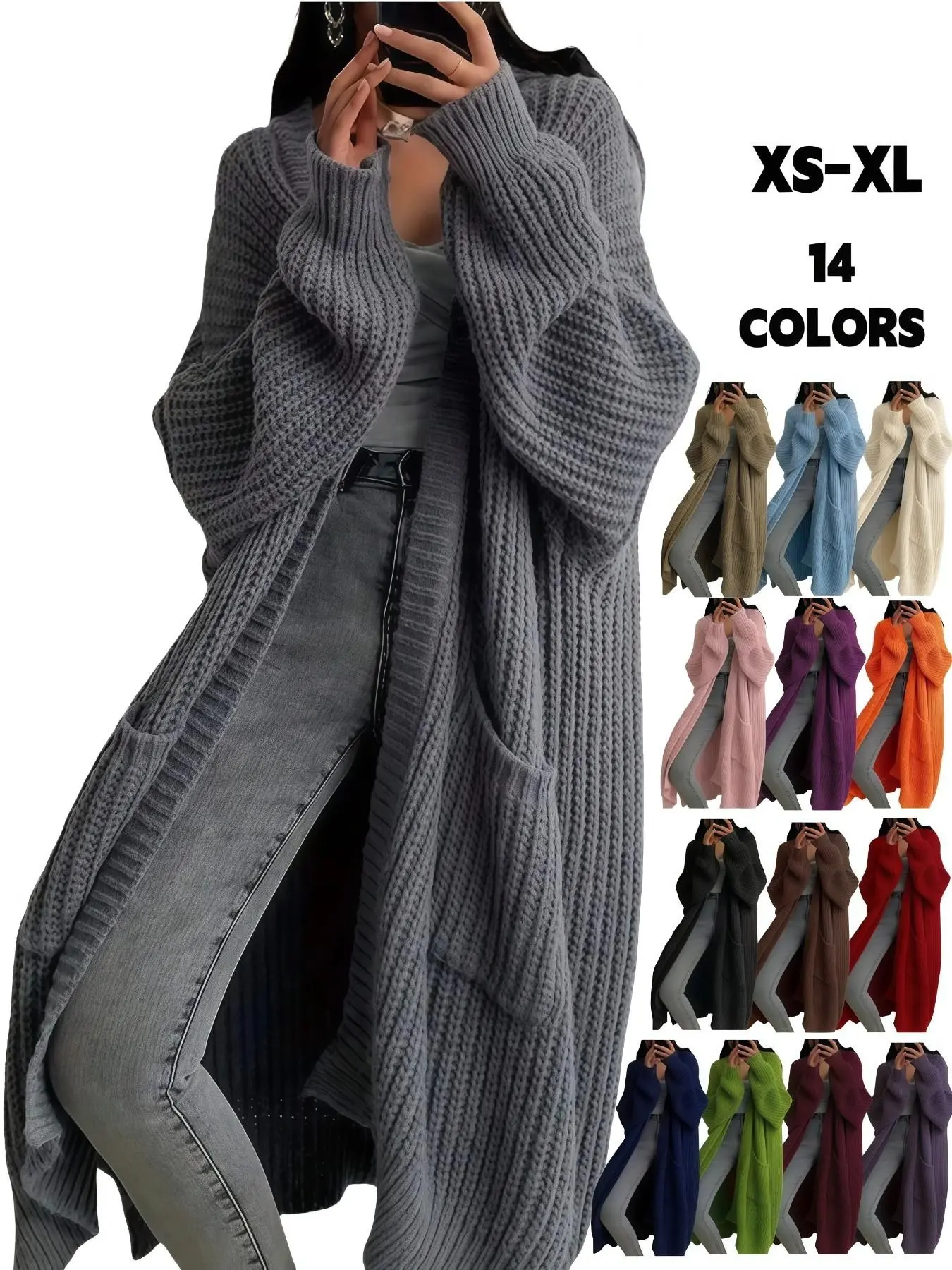 Women's Oversized Y2K Long Sleeve Open Front Pockets Cardigan, Loose Fit Long Length Knitwear, Fall & Winter Casual Wear