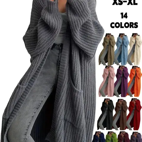 Women's Oversized Y2K Ribbed Long Sleeve Open Front Pockets Cardigan, Loose Fit Long Length Knitwear, Fall & Winter Casual Wear