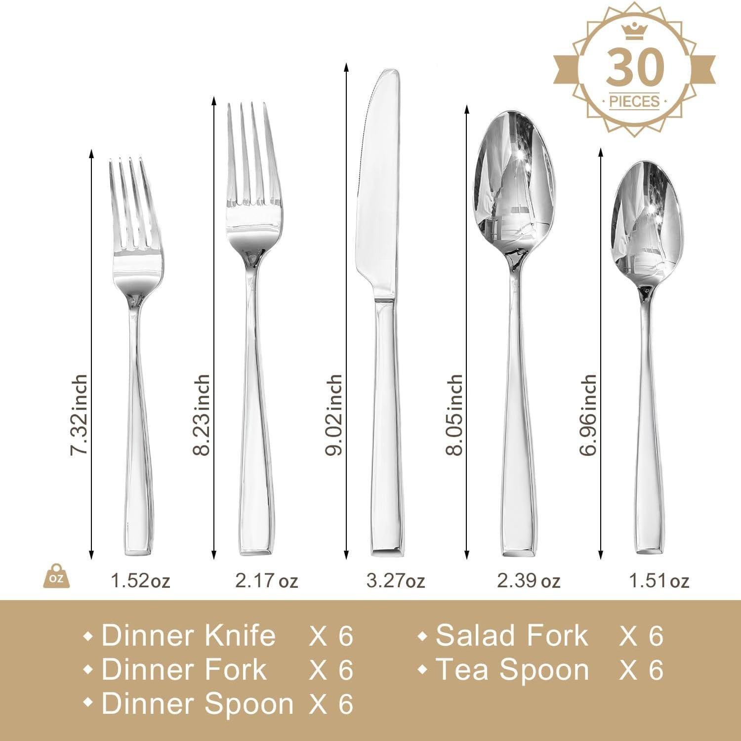 Mirror Polish Silverware Set for 6, 30- 18/10 Stainless Steel Flatware Set, Dishwasher Safe Cutlery Set for Wedding, , Restaurant,  Spoons and Forks Set