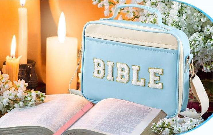 Bible Bag for Women, Floral Bible Bag 12x9x2.5in Large Chenille Letter Bible Cover PU Leather Bible Case with Tabs Colored Pen Highlighters Tote Bag with Shoulder Strap, Bible Journaling Kit Easter Gift for Church Women Girls,Sunday Prayer Supplies