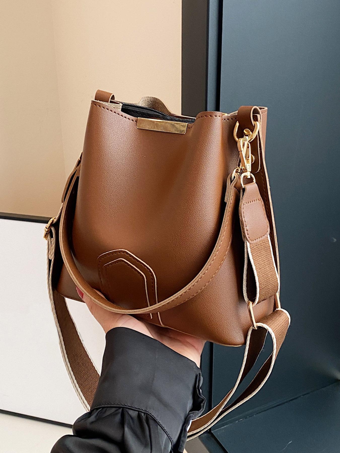 Women's Elegant PU Bucket Bag, Fashionable Vintage Classic Texture Shoulder Bag with Wide Strap, Casual Versatile Crossbody Bag for Work, Commuting and Daily Use