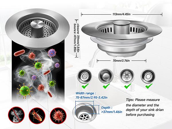 3-in-1 Kitchen Sink Drain Strainer, Stainless Steel Sink Plug, Deodorizing Anti-Clog Basket Strainer for US Standard 3-1/2 Inch Drains [Holiday Haul]
