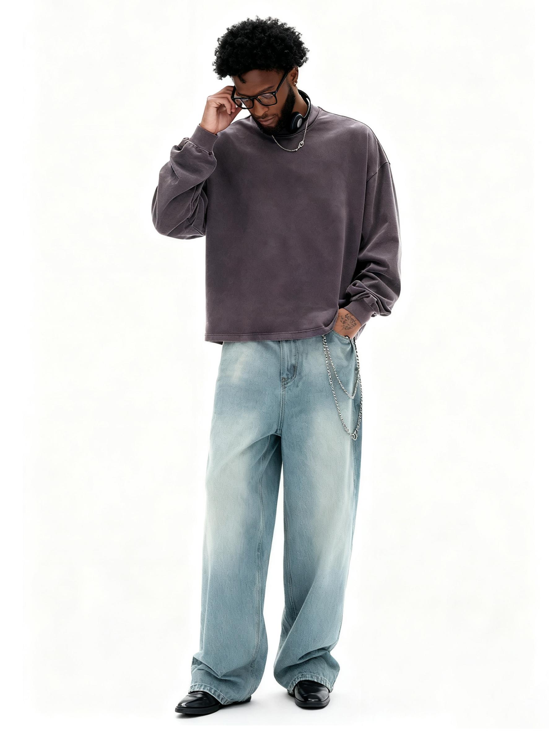 Inflation 100% Cotton 270g Cropped Boxy Fit Washed Oversize Streetwear Long Sleeve T-Shirt Autumn New American Vintage Washed Cotton Tee Short Menswear Top Tshirt Round Neck Crewneck Casual Bestie Operator Beige Plain