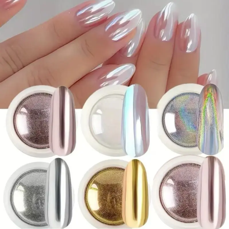 6pcs Chrome Mirror Powder Set & Silver Metallic Nail Art Accessories, Nail Decoration, Mesmerizing Aurora Rainbow Effect Nail Powder Kit, Illuminating Iridescent Shimmer, Matte Shimmer Glitter, Nail Art Supplies, Nail Art Products