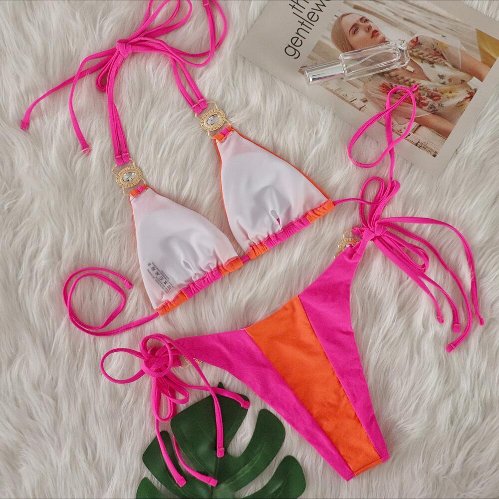 Women's Pink Mint Color Block Halter Bikini Two Piece Swimsuit, Triangle Top With Emerald Rhinestone Metal Hardware, Side Tie String Bikini Bottom, Contrast Color Tropical Beach Bathing Suit for Summer Vacation Pool