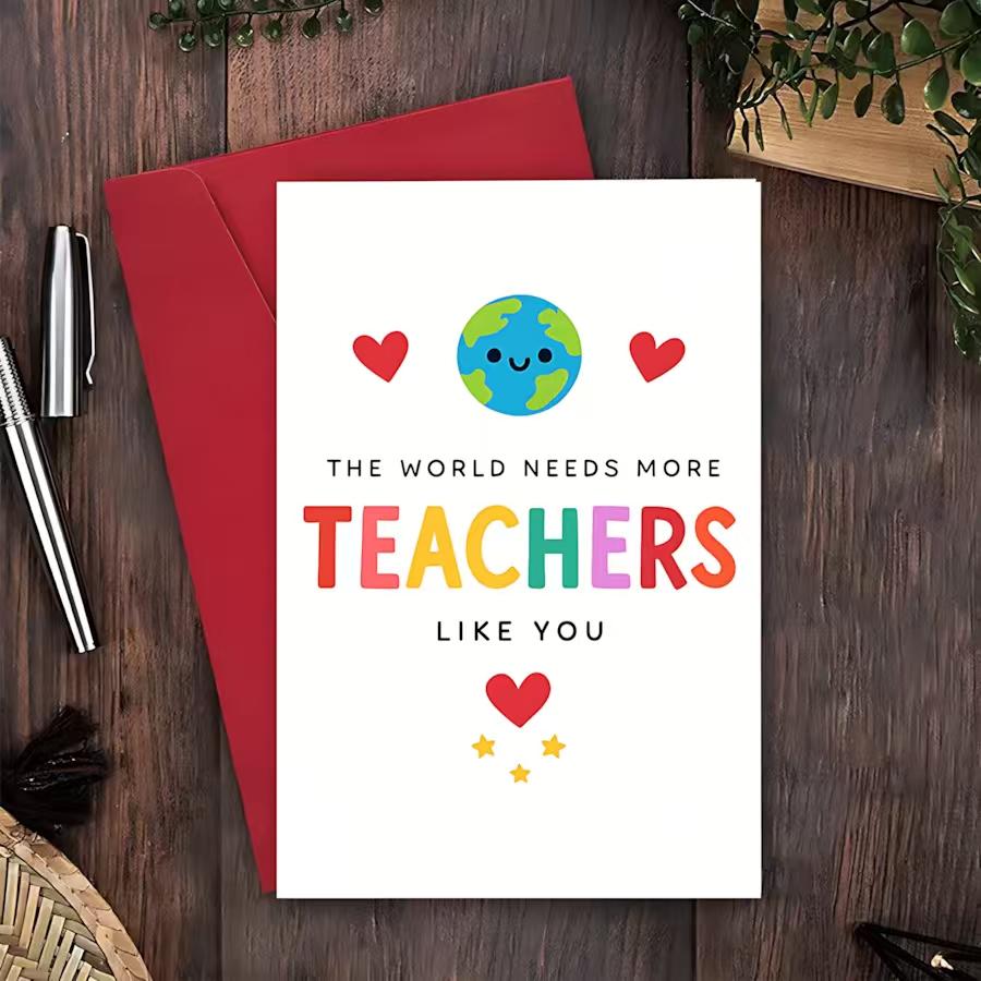 1/3/7pcs Heartwarming Teacher Appreciation Greeting Card, "The World Needs More Teachers Like You" Colorful Design with Earth & Hearts, Perfect Thank You Gift for Educator, Mentor, Professor, Ideal for End of Year, Teacher's Day, Retirement