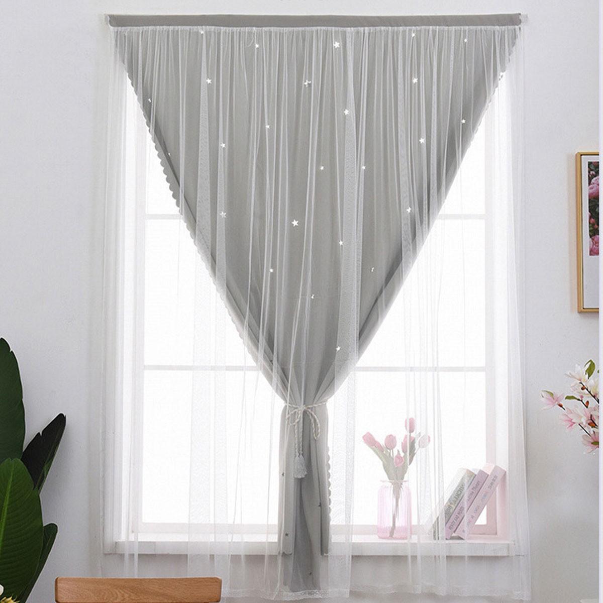 Starry Two-Layer Curtains, No-Drill Bedroom Girl Style Light Blocking Drapes, Balcony Window Windproof Sheer Curtain with Magic Tape