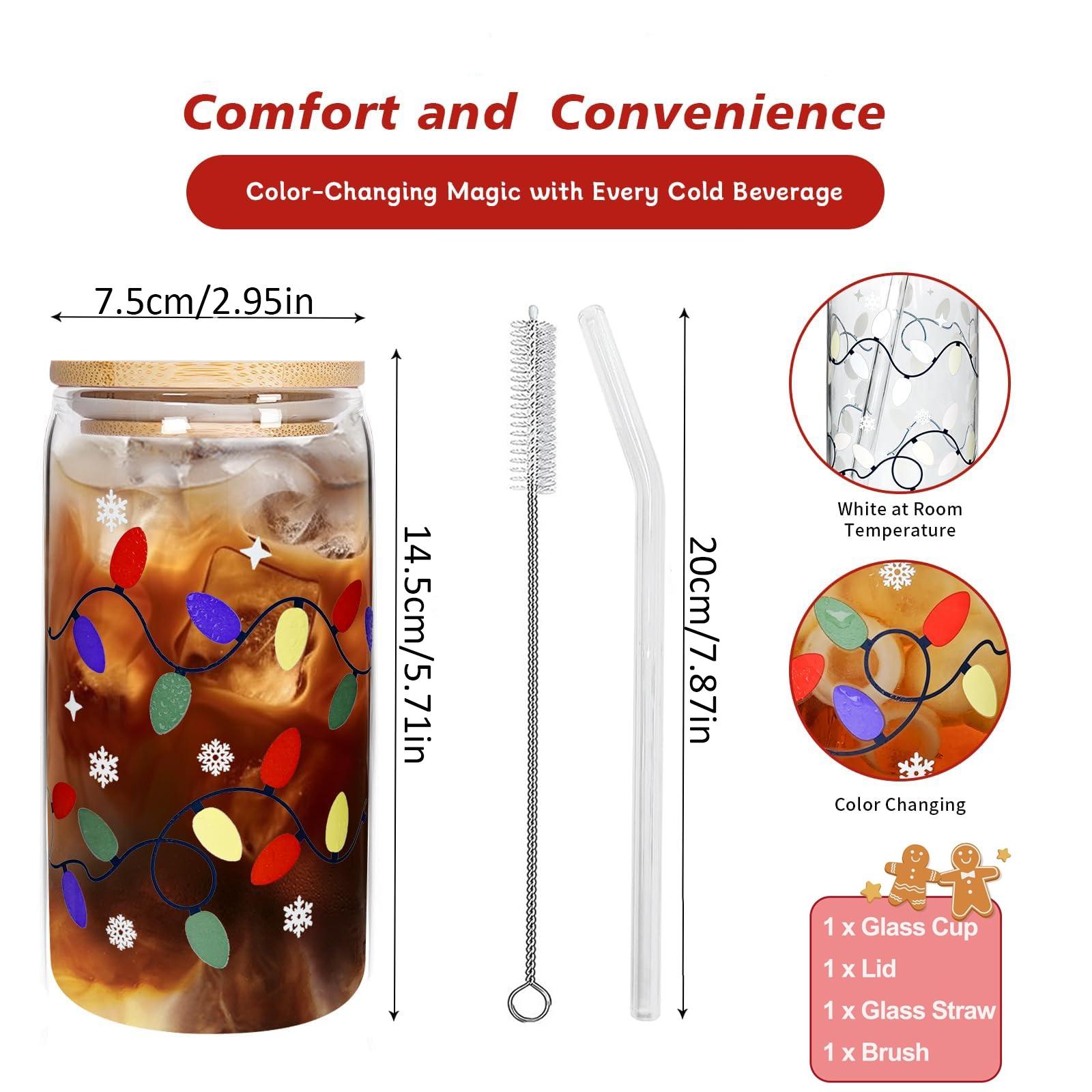 Christmas Glass Cups 17oz Iced Coffee Cups with Lids  with Color Changing and Straws Drinking Glasses Cups Decor Glass Water Bottles Gift for Women Kids Men Cute Drinking Can Jar, Floral Tumbler, Beer Can Gifts