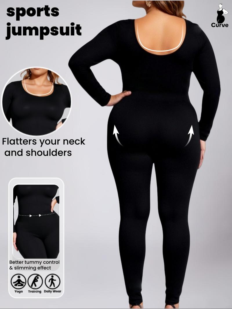 1 COUNT Women's Plus Size Slimming Long Sleeve Jumpsuit, Waist Cinching Yoga Pants, Casual Fall & Winter Sportswear,  Seamless Bodysuit,Stretch Skin-Friendly Fabric，Bottoms For Daily Wear