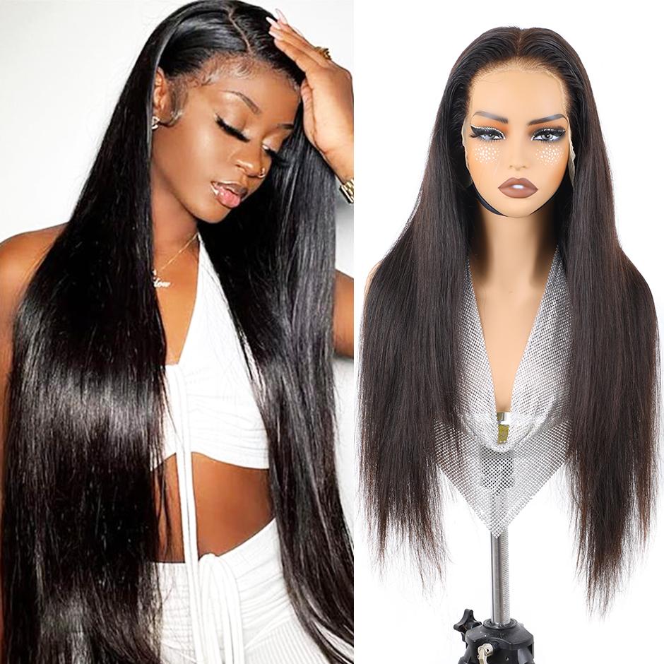 【Upgrade】Yawawe Hair Drawstring Wear Go Glueless Wigs 13x6 HD Lace Frontal Wigs Human Hair Pre Plucked Straight Wigs Human Hair for Women Natural Black with free Sideburns Stickers