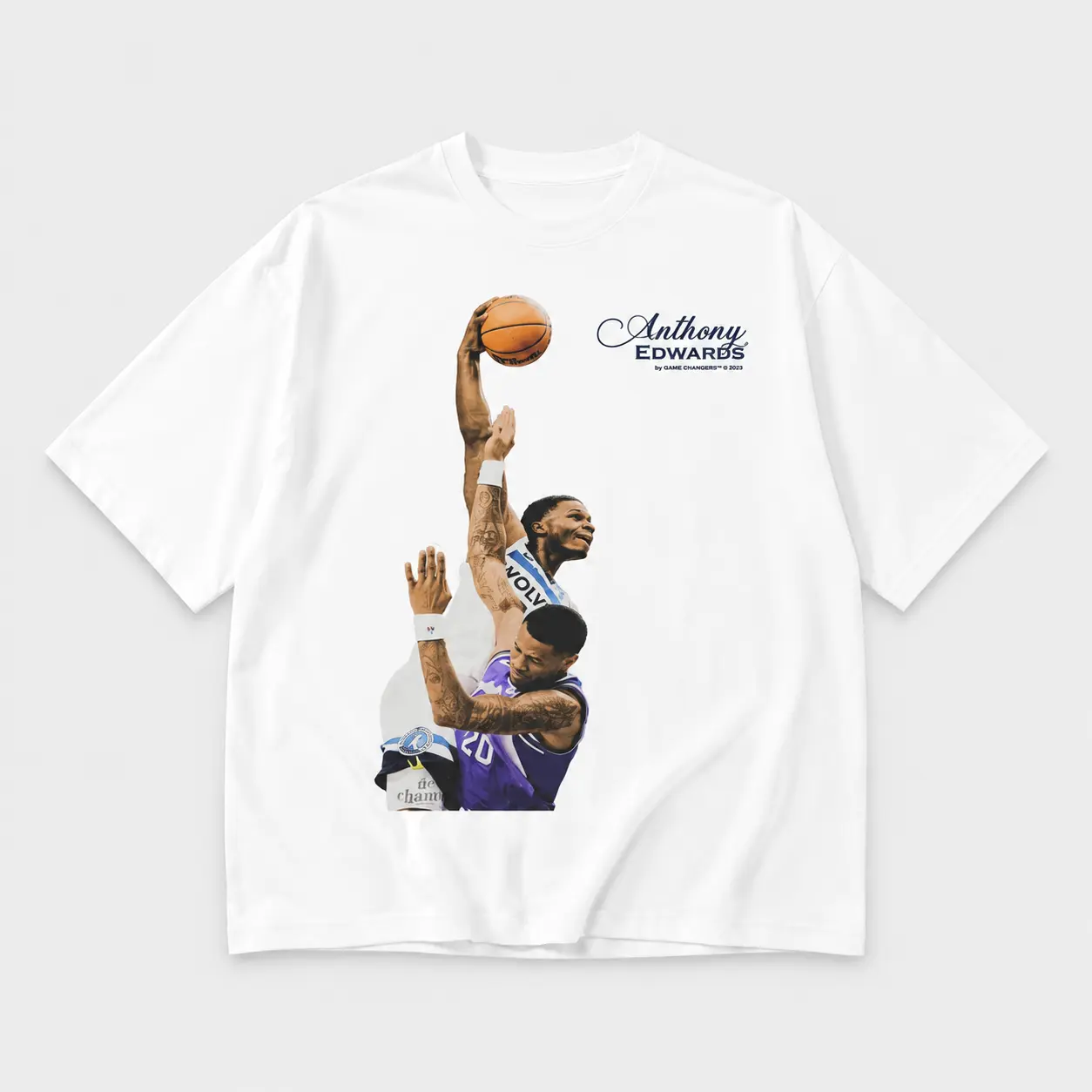 Basketball Player Dunk Action Portrait Script Letter Printed Tee, White Casual Short Sleeve T-Shirt, Gift For Men Women Basketball Fans