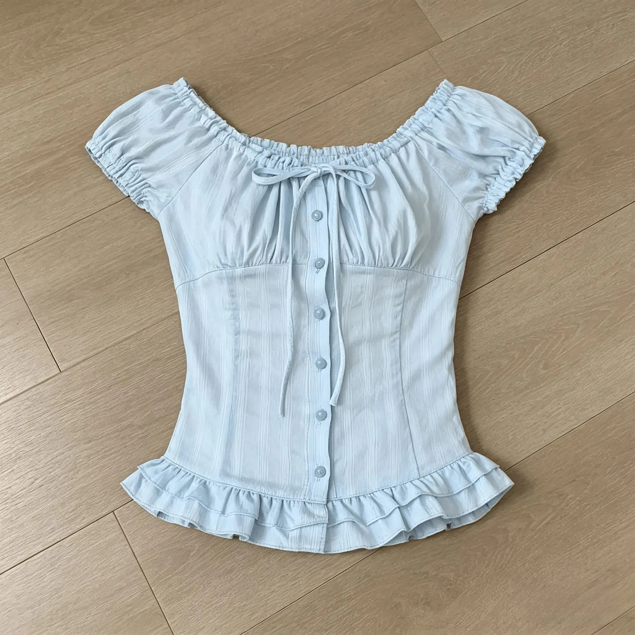 Light Blue Puff Sleeve Top 2026 New Women Bow Button Corset Style T Shirt Sweet Elegant Vintage Casual Daily Summer Party Tees