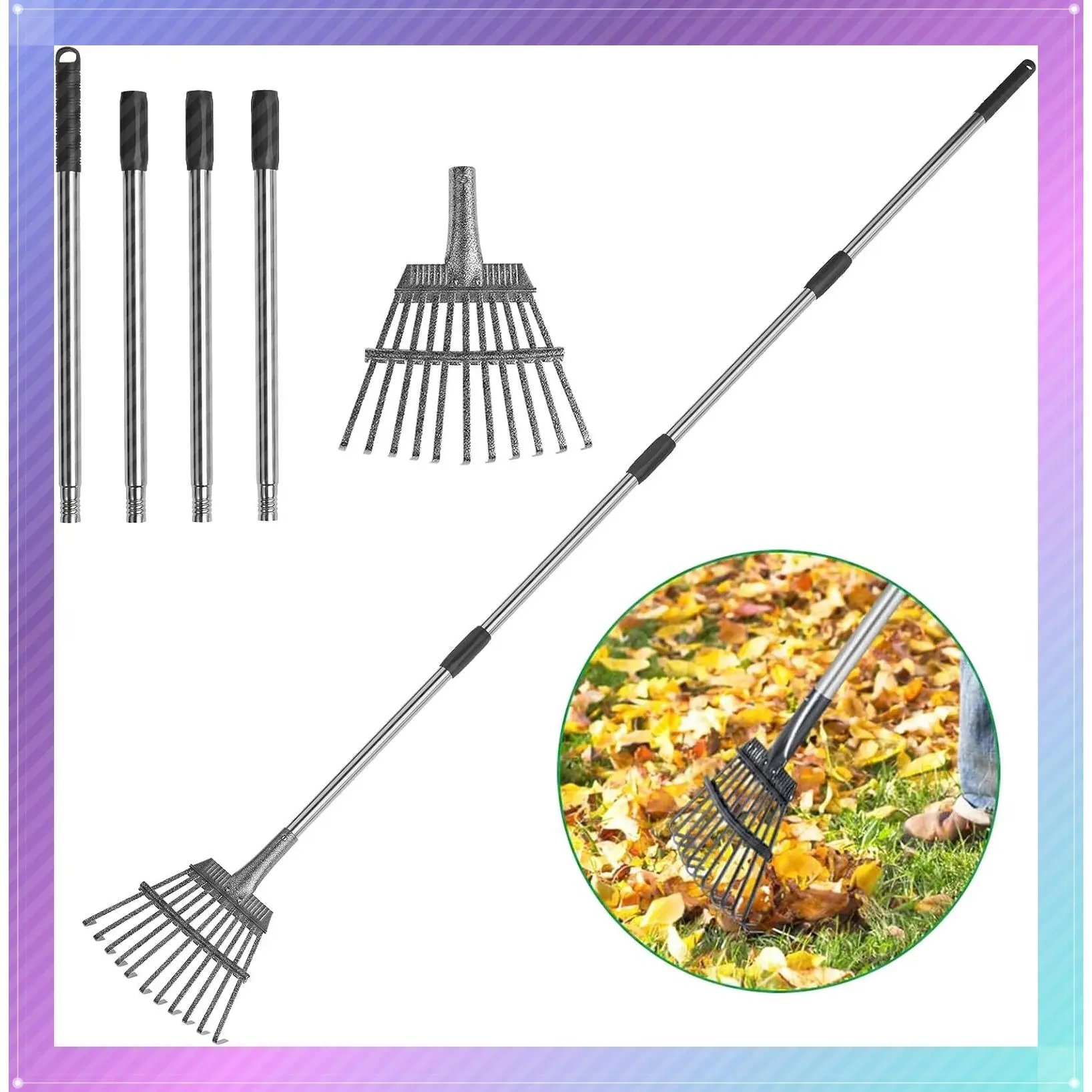 Adjustable Leaf Rake, 8 Inch Wide Metal Rake for Shrubs, Flower Beds & Small Areas, 29-72 Inch Expandable Stainless Steel Handle, Easy to UseGift