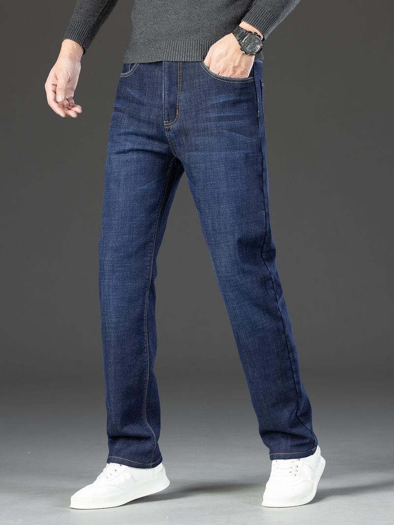 Men's Thickened Winter Fleece Plain Button High Waisted Jeans, Loose Straight Leg High Waist Casual Elastic Pants, Warm Long Denim Trousers for Fall & Winter