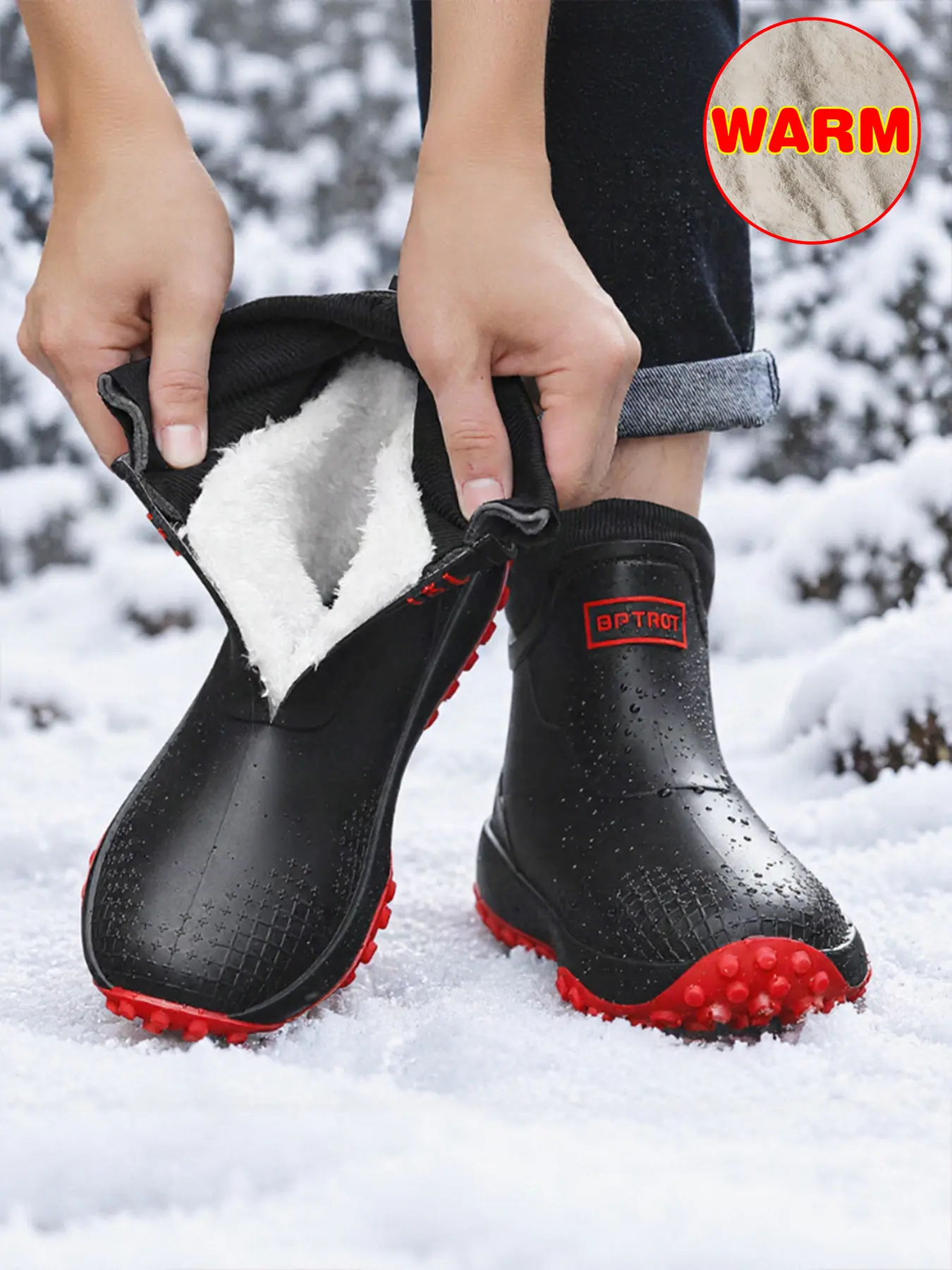 Winter Couples Warm Closed Mid-Calf Rain Boots with Fleece Lining, Waterproof and Warm Thick-Soled Boots for Snowy Days, Fashionable All-Occasion Footwear for Rainy Commutes and City Outings