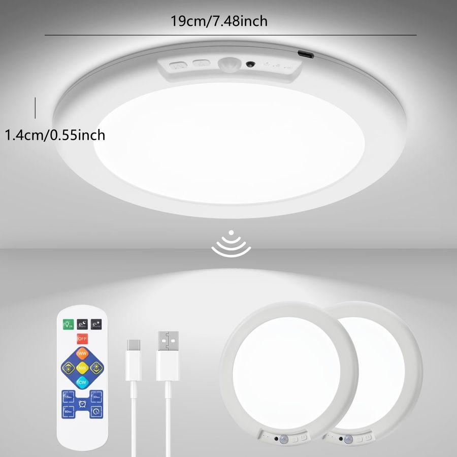 2 Pack Rechargeable Ceiling Lights with Remote Wireless Battery Operated Motion Sensor Waterproof Shower Lighting, 3CCT & Dimmable Stick On Closet Overhead for Pantry Living Room Renter Friendly