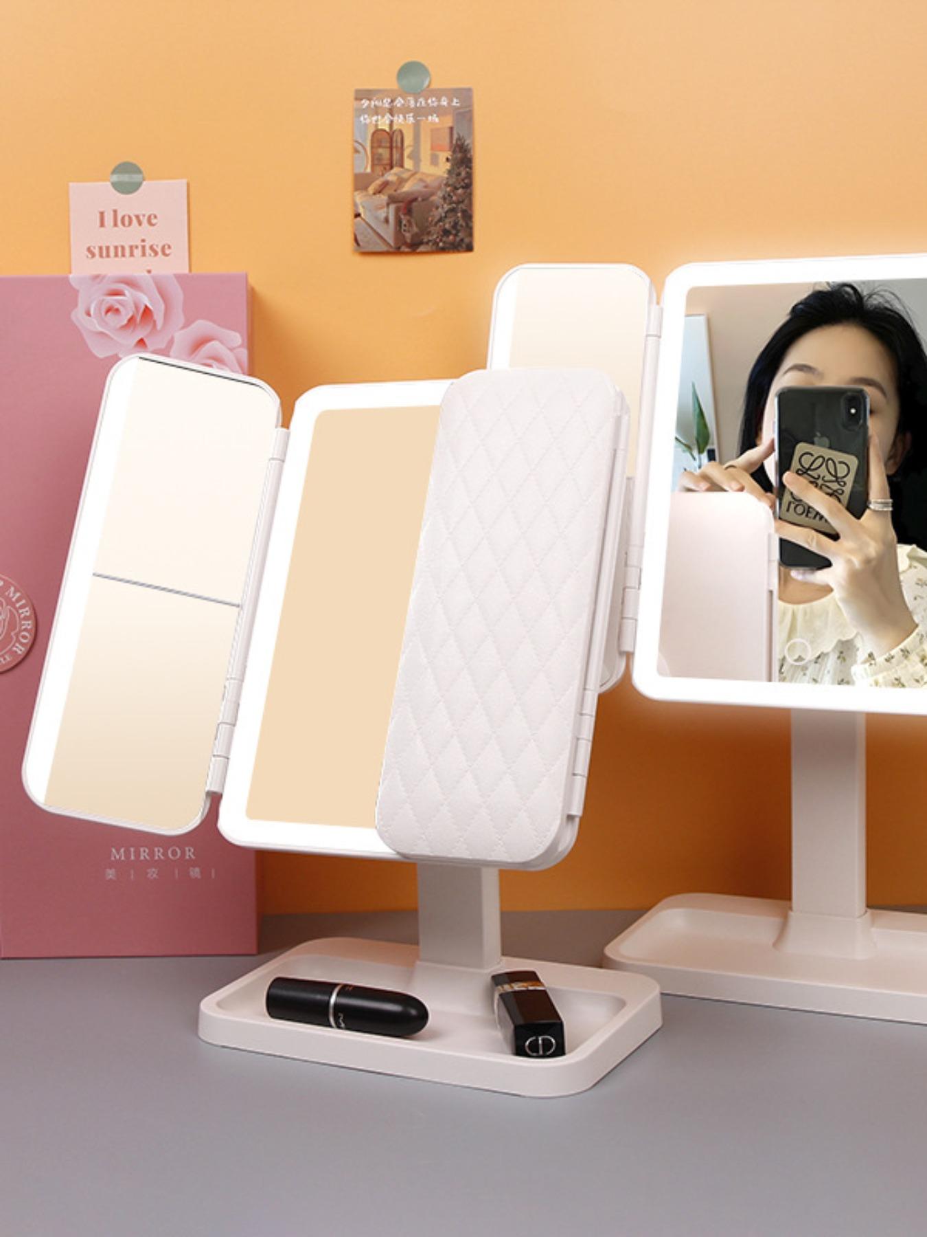 Diamond Pattern Three-Fold with Portable Storage Box, Standing Beauty Mirror for Bedroom Bathroom, Vanity Mirror, Travel Makeup Mirror