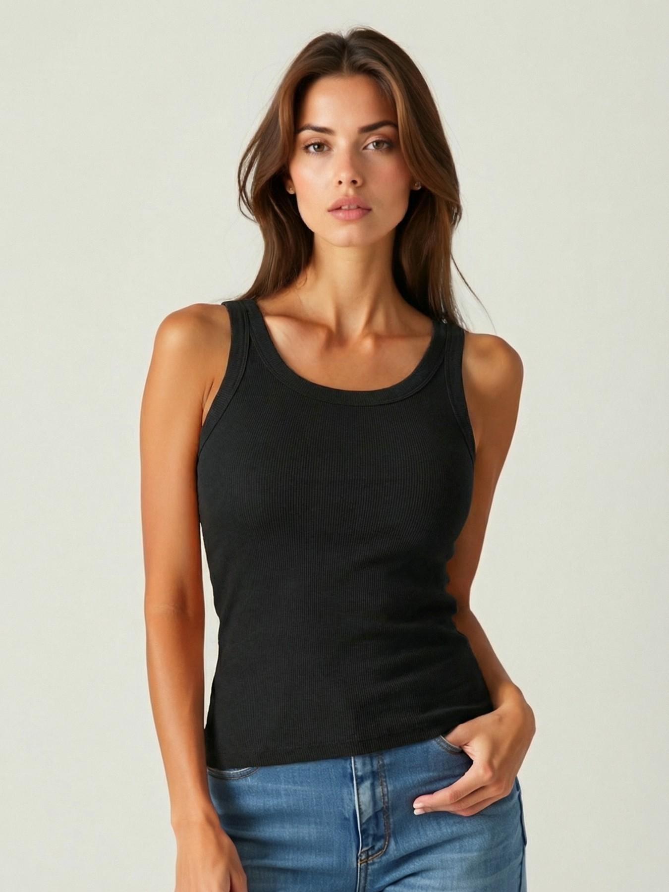 Slim Fit Ribbed Tank Top for Women - Stretchy Wide Strap Scoop Neck Camisole, Non-See-Through Casual Essential for All Occasions