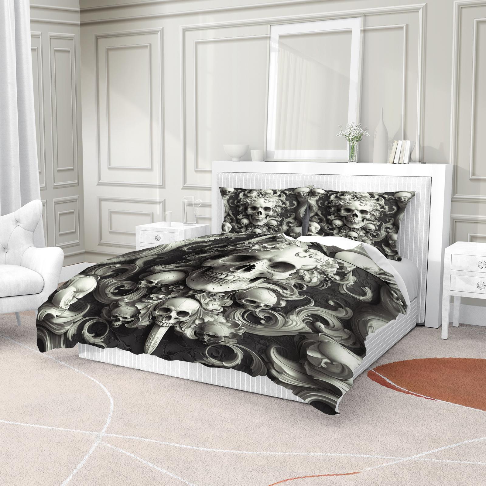 Skull Pattern Soft Durable Decorative Bedding Set, Includes 1 Fitted Sheet and 1 or 2 Pillowcases, No Cotton Inner Core, Ideal for Daily Use, Holidays, Birthdays