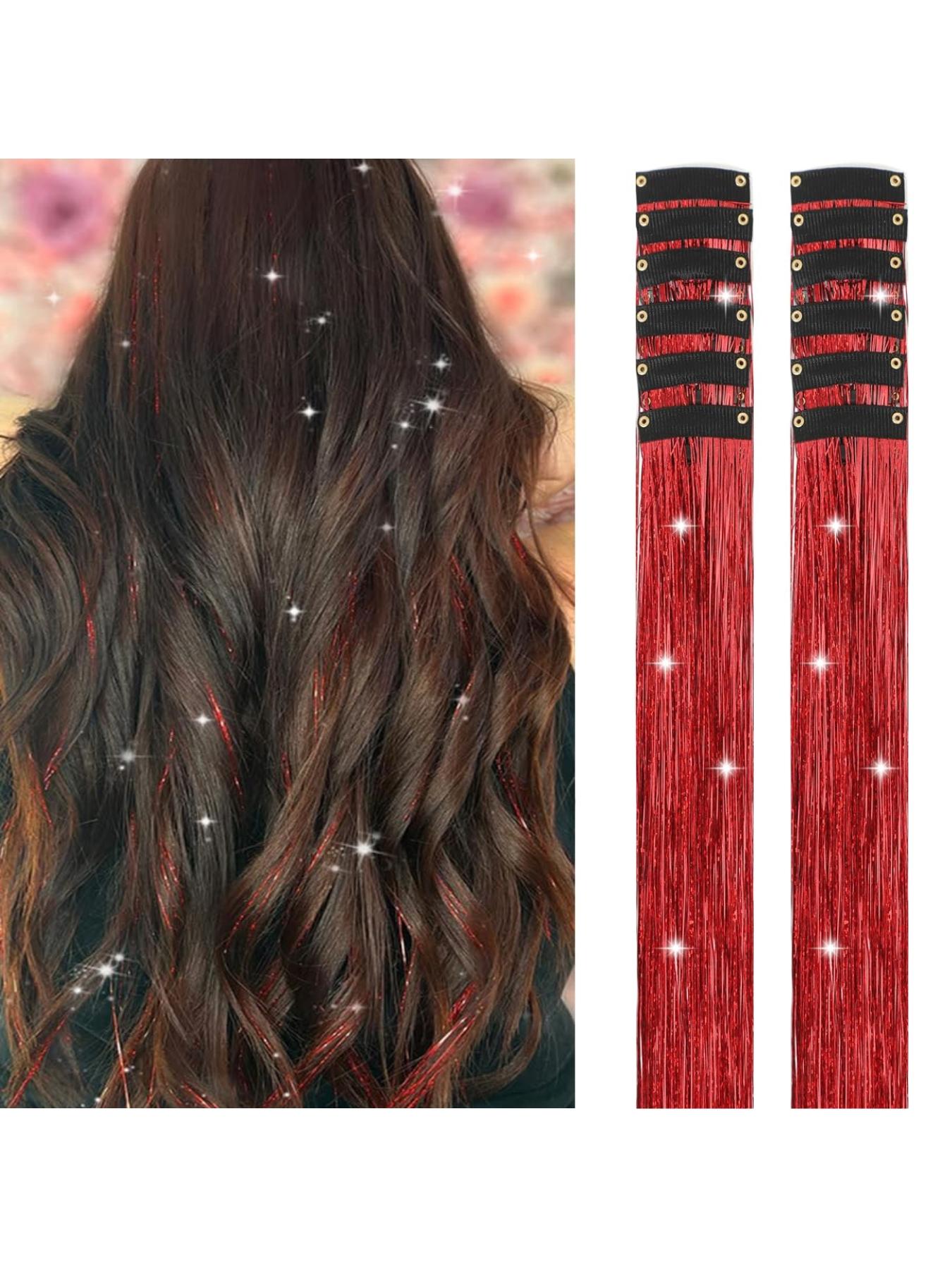 Rainbow Hair Tinsel Pack of 12 Pcs Clip in Hair Tinsel 20 Inch Glitter Tinsel Hair Extensions, Festival Tinsel Fairy Hair Extension Party Dazzle Hair Accessories Strands Kit Clip on Hairpieces