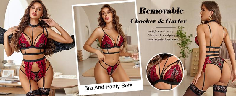 Avidlove Lace Garter Lingerie Set with Removable ChokerStrappy Bra and Panty Set (No Stockings)