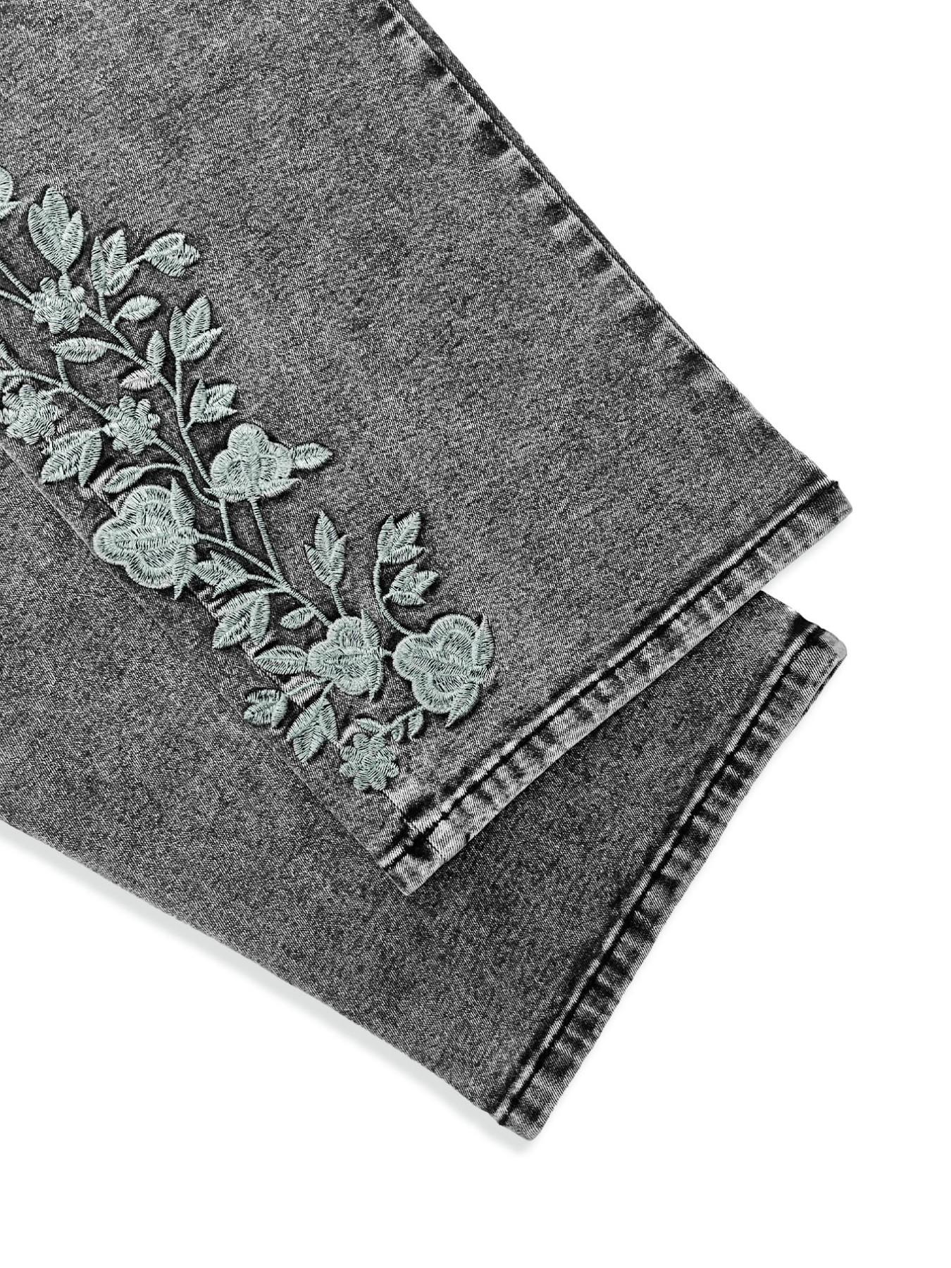 Women's Denim Jeans Embroidered Loose Fit Elastic Straight Leg Pants Fashion High Street Trendy Long Jeans