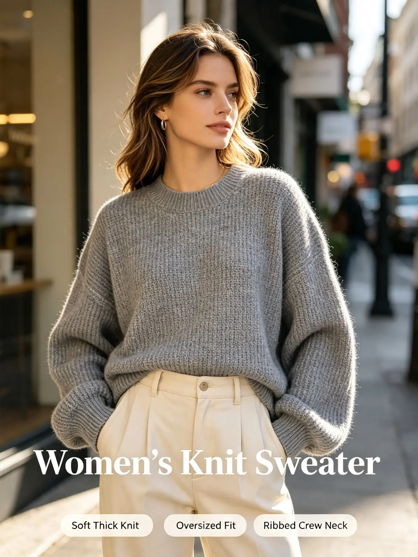 Women's Heavyweight Ribbed Knit Sweater, Ash Plus Size Round Neck Pullover, Soft Loose Warm Fall Winter Top, Casual All-Season Wear