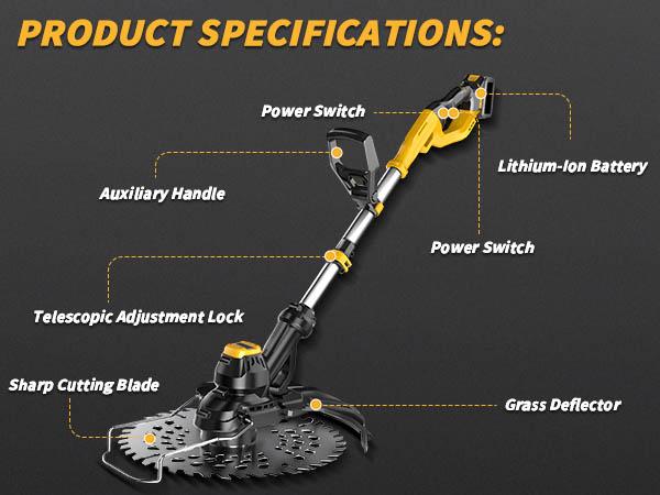 3-in-1 Cordless Lawn Sweeper Weed Eater,  9" Electric Lawn Mower Cordless Bush Trimmer Handheld Hedge Cutter Grass Shrub Trimmer with 6.0Ah Battery & Fast Charger garden yard Multi-Functional Tools Weed Trimmer with Blade Heads Multi-Tool